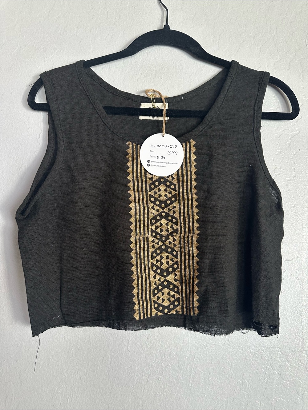 Embroidered Black Crop Tank Top with Gold Panel